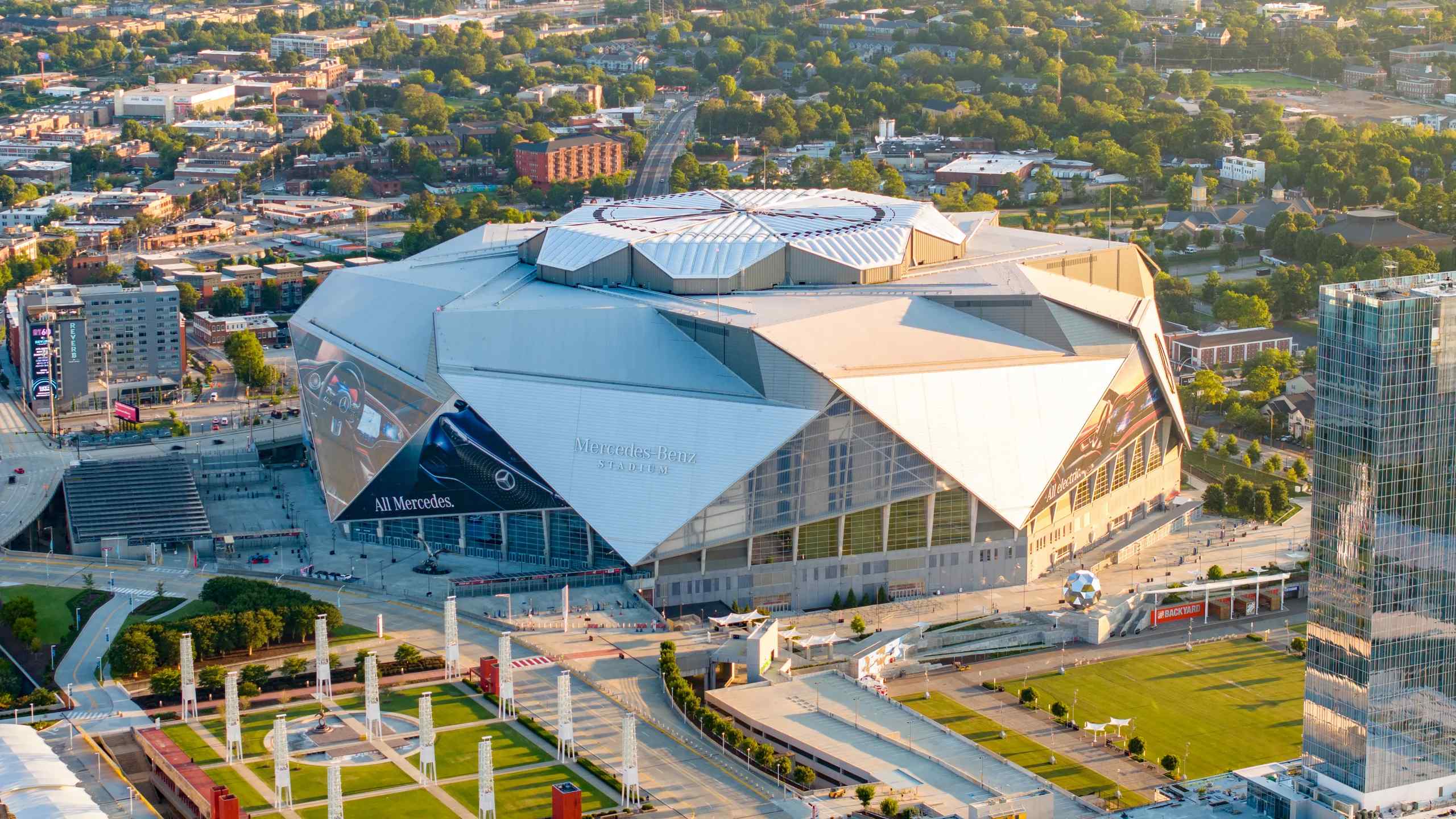 An overhead photo of Mercedes-Benz Stadium in Atlanta.